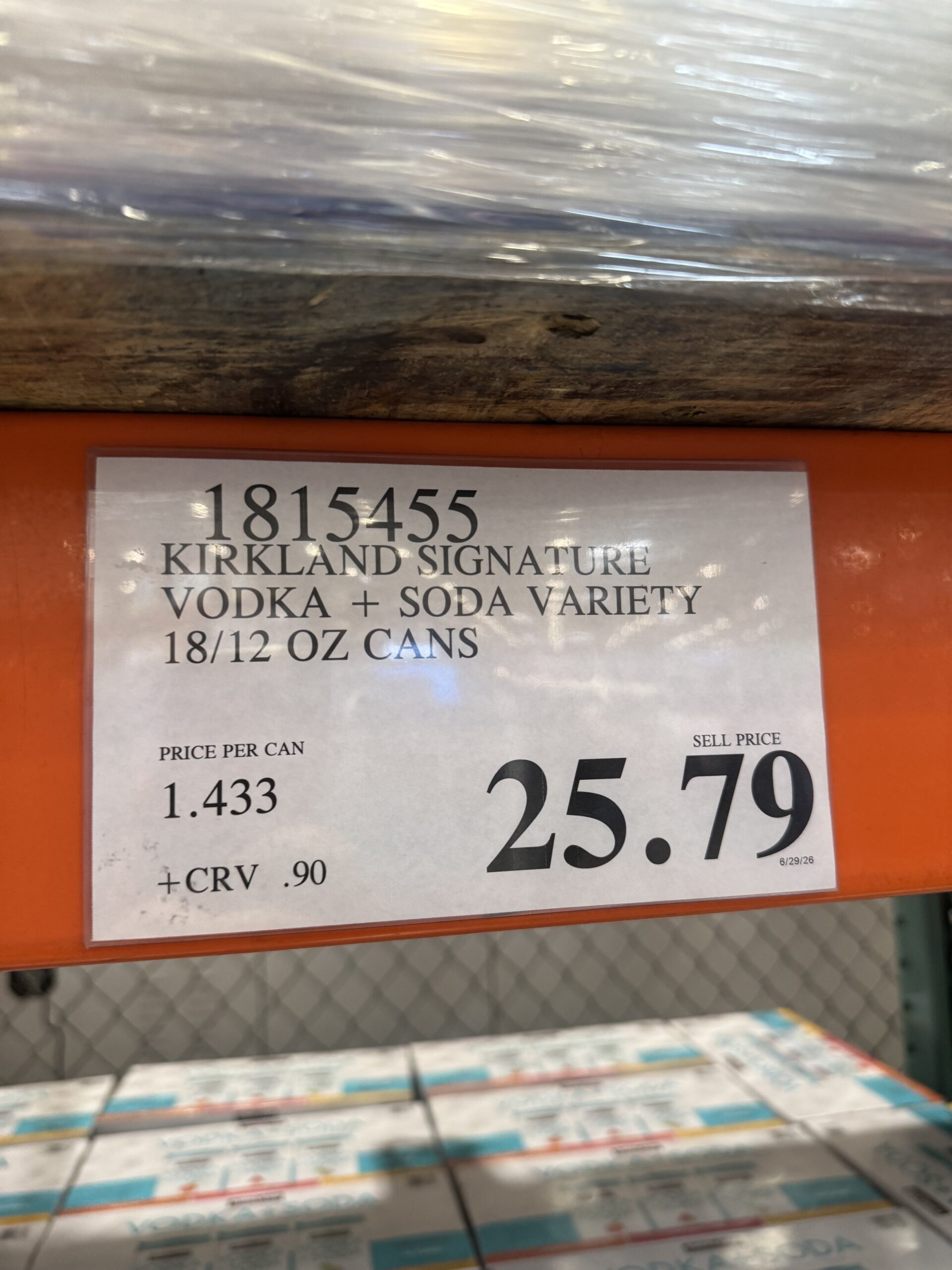 Kirkland Signature Vodka + Soda - price tag