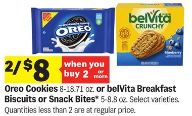 Oreo Cookies 8-18.71 oz. or belVita Breakfast Biscuits or Snack Bites* 5-8.8 oz.