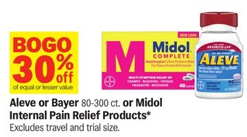 Aleve or Bayer 80-300 ct. or Midol Internal Pain Relief Products*