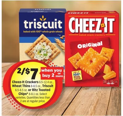 Cheez-It Crackers 6.5-12.4 oz., Wheat Thins 8-8.5 oz., Triscuit 6.5-8.3 oz. or Ritz Toasted Chips 8-8.1 oz.