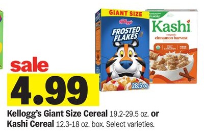 Kellogg's Giant Size Cereal 19.2-29.5 oz. or Kashi Cereal 12.3-18 oz. box.