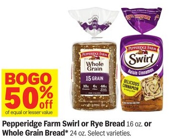Pepperidge Farm Swirl or Rye Bread 16 oz. or Whole Grain Bread* 24 oz.
