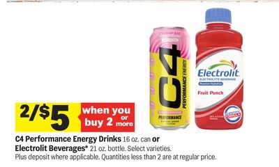 C4 Performance Energy Drinks 16 oz. can or Electrolit Beverages 21 oz. bottle