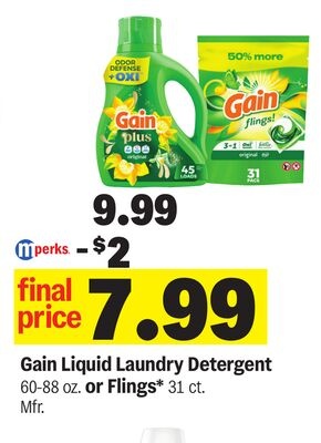 Gain Liquid Laundry Detergent 60-88 oz. or Flings* 31 ct.
