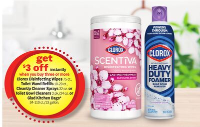 Clorox Disinfecting Wipes 75 ct., Toilet Wand Refills 10-20 ct., CleanUp Cleaner Sprays 32 oz. or Toilet Bowl Cleaners 2 pk./24 oz. or Glad Kitchen Bags* 34-110 ct./13 gallon.