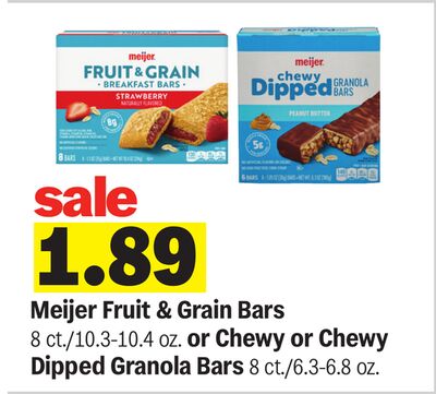 Meijer Fruit & Grain Bars 8 ct./10.3-10.4 oz. or Chewy or Chewy Dipped Granola Bars 8 ct./6.3-6.8 oz.