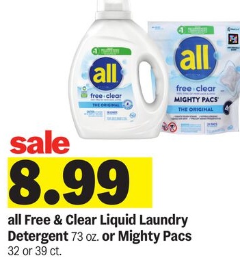 all Free & Clear Liquid Laundry Detergent 73 oz. or Mighty Pacs 32 or 39 ct.