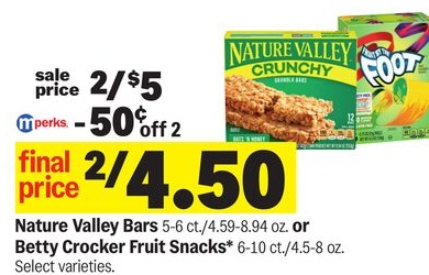 Nature Valley Bars 5-6 ct./4.59-8.94 oz. or Betty Crocker Fruit Snacks* 6-10 ct./4.5-8 oz.