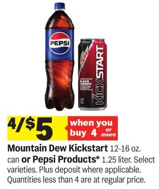 Mountain Dew Kickstart 12-16 oz. can or Pepsi Products* 1.25 liter