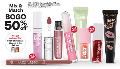 Revlon, Maybelline, L'Oreal, CoverGirl, L.A. Girl, Neutrogena or Almay lip (excludes L.A. Girl lip liner)
