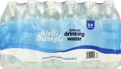 Well Market or Gold Emblem purified water 24 pk., 16.9 oz bottles.