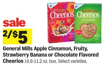 General Mills Apple Cinnamon, Fruity, Strawberry Banana or Chocolate Flavored Cheerios