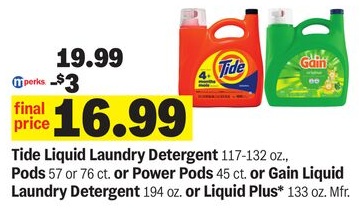 Tide Liquid Laundry Detergent 117-132 oz., Pods 57 or 76 ct. or Power Pods 45 ct. or Gain Liquid Laundry Detergent 194 oz. or Liquid Plus* 133 oz.
