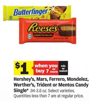 Hershey's, Mars, Ferrero, Mondelez, Werther's, Trident or Mentos Candy Single*