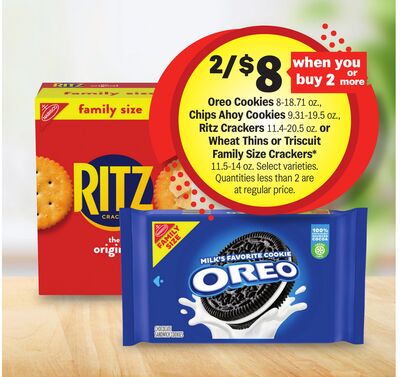 Oreo Cookies 8-18.71 oz., Chips Ahoy Cookies 9.31-19.5 oz., Ritz Crackers 11.4-20.5 oz. or Wheat Thins or Triscuit Family Size Crackers 11.5-14 oz.