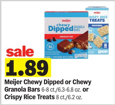 Meijer Chewy Dipped or Chewy Granola Bars 6-8 ct./6.3-6.8 oz. or Crispy Rice Treats 8 ct./6.2 oz.