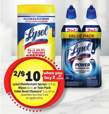Lysol Disinfectant Sprays 12.5 oz., Wipes 80 ct. or Twin Pack Toilet Bowl Cleaners* 2 ct./24 oz.