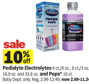 Pedialyte Electrolytes 6 ct./6 oz., 8 ct./3 oz., 16.9 oz. and 33.8 oz. and Pops* 16 ct.