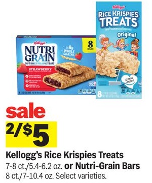 Kellogg's Rice Krispies Treats 7-8 ct./5.4-6.2 oz. or Nutri-Grain Bars 8 ct./7-10.4 oz.