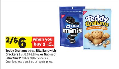 Teddy Grahams 10 oz., Ritz Sandwich Crackers 8 ct./1.35-1.38 oz. or Nabisco Snak Saks* 7-8 oz