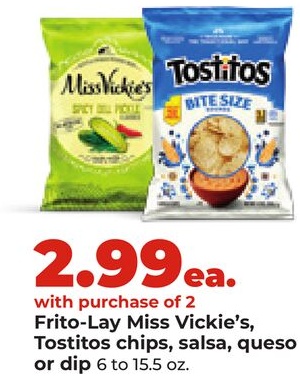 Frito-Lay Miss Vickie's, Tostitos chips, salsa, queso or dip