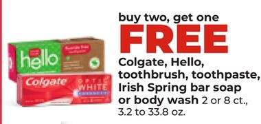 Colgate, Hello, toothbrush, toothpaste, Irish Spring bar soap or body wash