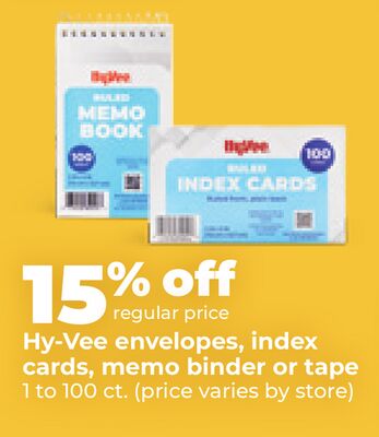Hy-Vee envelopes, index cards, memo binder or tape