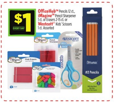 OfficeHub™ Pencils 12 ct., iMagine® Pencil Sharpener 1 ct. of Erasers 2-15 ct. or Westcott® Kids Scissors