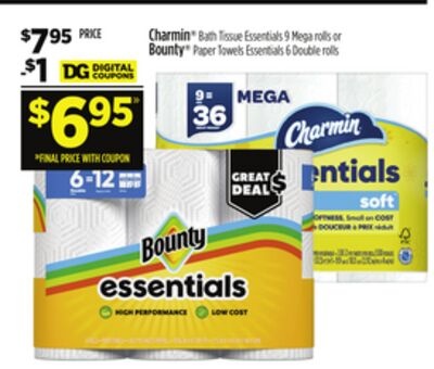 Charmin® Bath Tissue Essentials 9 Mega rolls or Bounty® Paper Towels Essentials 6 Double rolls