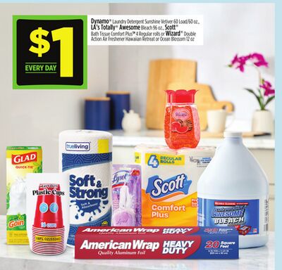 Dynamo® Laundry Detergent Sunshine Inferno 60 Load 90 oz., LA'S Totally Awesome Bleach 96 oz., Scott® Both Tissue Comfort Plus® Regular rolls 48 Wizard® Double Action Air Freshener Hawaiian Retreat or Ocean Blossom 12 oz.