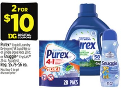 Purex® Liquid Laundry Detergent 58 Load/66 oz. or Single Dose Pacs 28 ct. or Snuggle® CrystalsTM 21 oz.
