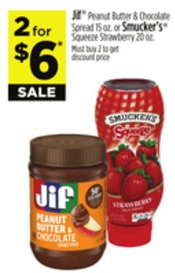 JIF® Peanut Butter & Chocolate Spread 15 oz. or Smucker's® Squeeze Strawberry 20 oz.