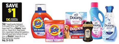 Tide® Liquid Laundry Detergent 19-25 Load/27-32 oz., Pods 14-16 ct., Power PodsTM9 ct. or Downy® Beads 4.8-5 oz., Sheets 105 ct., Mega Sheets 50 ct., Liquid Fabric Softener 60 Load/44 oz., Ultra Soft Liquid Fabric Softener 39 Load/ 26 oz. or Bounce® Sheet