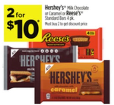 Hershey's Milk Chocolate or Caramel or Reese's Standard Bars 4 pk.