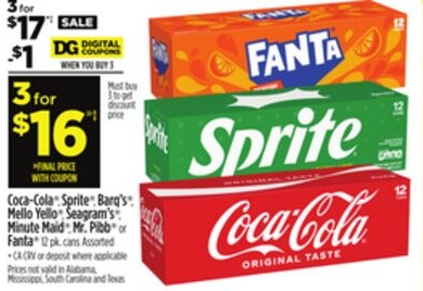 Coca-Cola® Sprite® Bang™ Mello Yello® Seagram's® Minute Maid® Mr. Pibb® or Fanta®