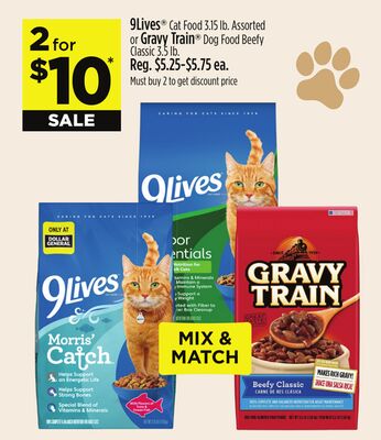 9 Lives* Cat Food 3.15 lb. Assorted Gravy Train® Dog Food Beefy Classic 3.5 lb