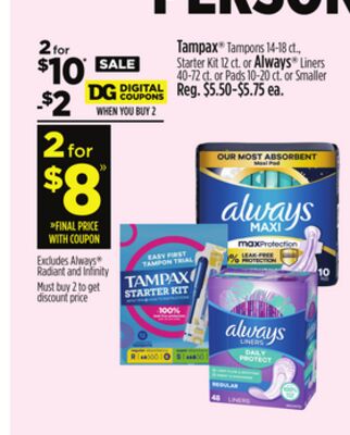 Tampax® Tampons, Starter Kit or Always® Liners or Pads or Smaller