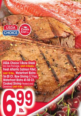 USDA Choice T-Bone Steak Any Size Package, Fresh Atlantic Salmon Fillet, Waterfront Bistro 16-20 Ct. Raw Shrimp EZ Peel, Waterfront Bistro 41-50 Ct. Cooked Shrimp Peeled and Deveined
