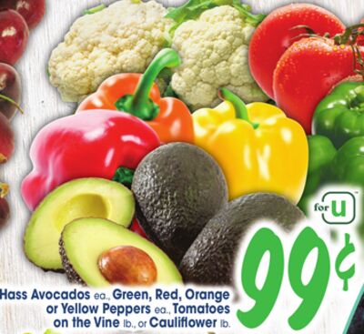 Hass Avocados, Green, Red, Orange or Yellow Peppers, Tomatoes on the Vine, lb., or Cauliflower, lb.