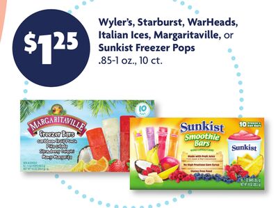 Wyler's, Starburst, WarHeads, Italian Ices, Margaritaville, or Sunkist Freezer Pops