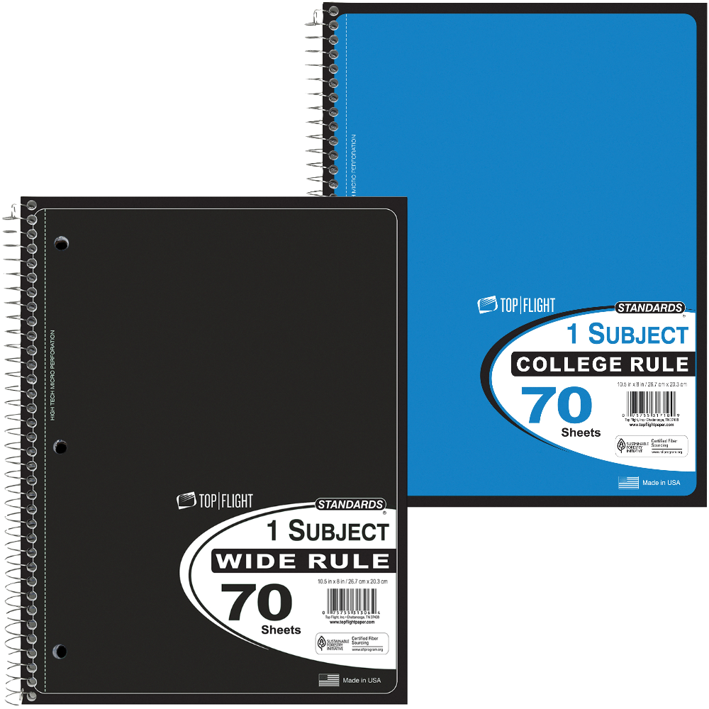 Top Flight Wide or College Ruled 70-Sheet Spiral Notebooks