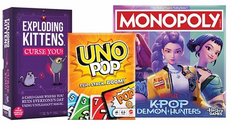 Exploding Kittens Curse You!, Monopoly KPop Demon Hunters Board Game & UNO Pop card game