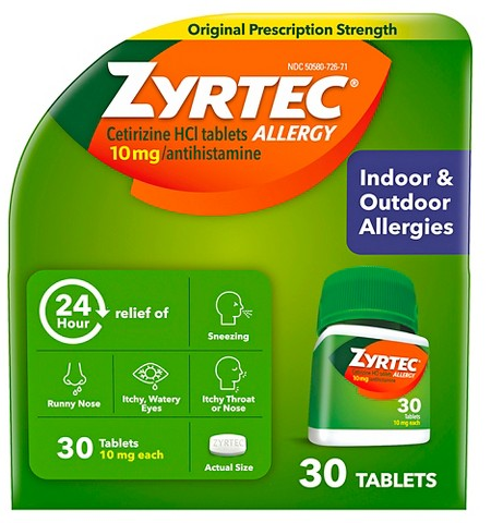 Zyrtec 30-ct. 24 hour allergy relief tablets