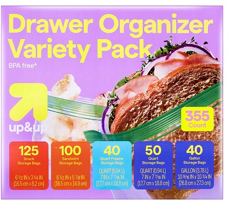 up&up 355-ct. drawer organizer variety pack food storage bags