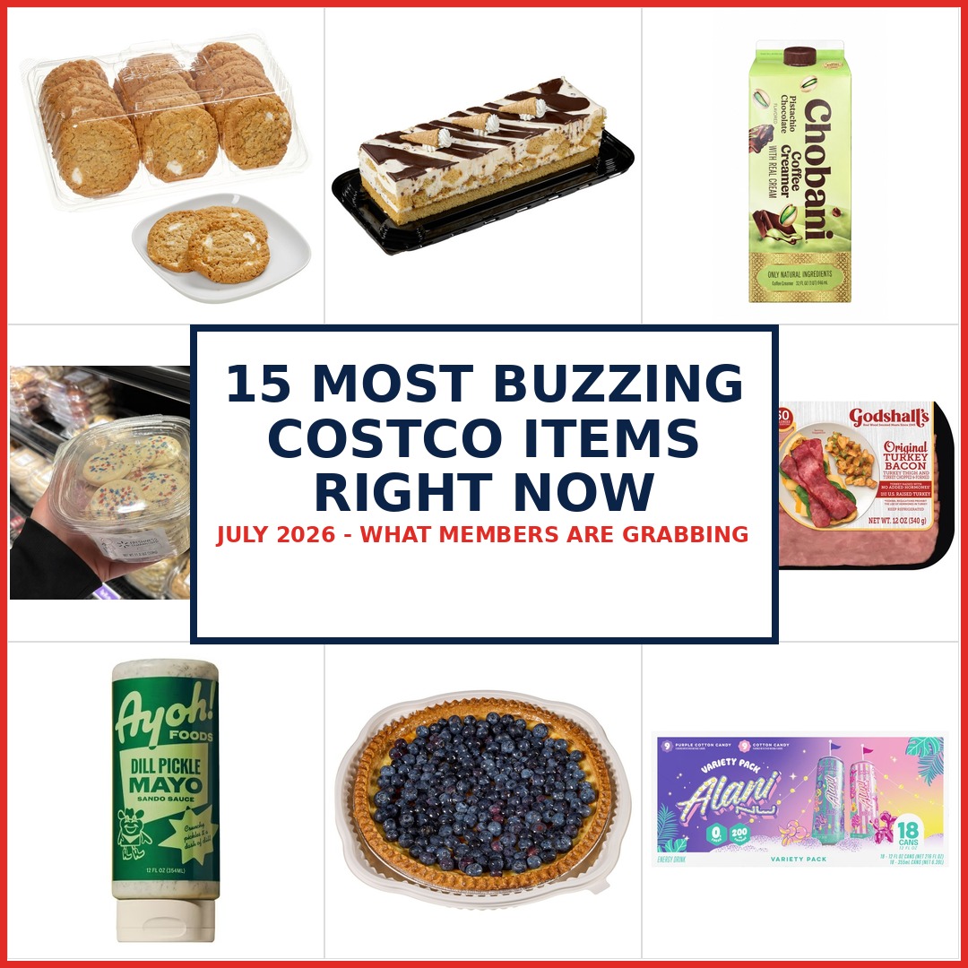 15 most buzzing Costco items right now July 2026 — Kirkland marshmallow crispy cookies, waffle cone bar cake, Chobani pistachio creamer, red white blue cookies, ION Glowtive speaker, Godshall turkey bacon, Ayoh dill pickle mayo, blueberry custard pie, Alani Nu cotton candy