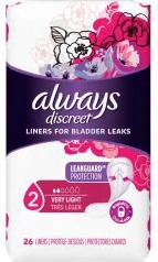 Always Discreet, Bladder Leak Liner, Regular Length, Size 2 Very Light, 26 ct