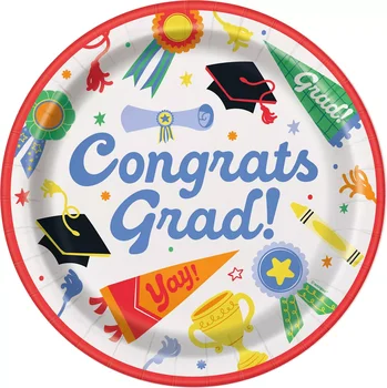 Congrats Grad Colorful Disposable Round Plates, 9 in