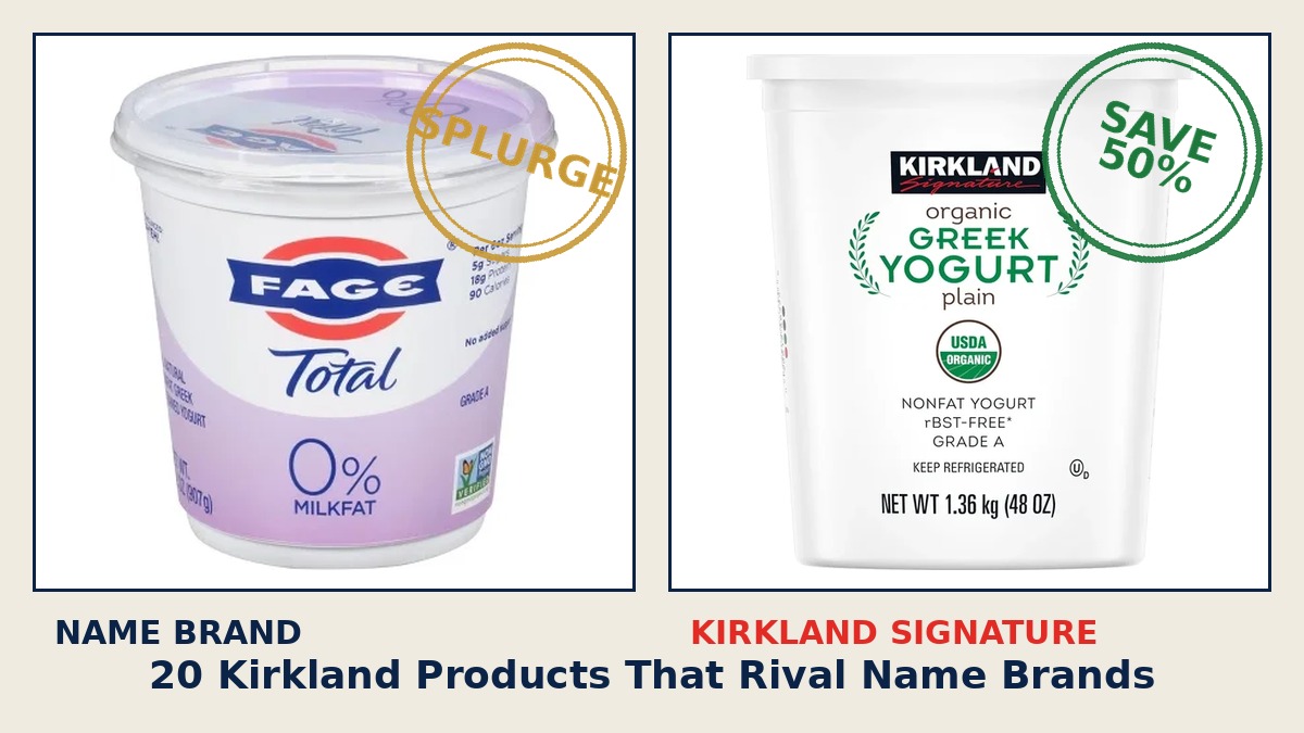 20 Kirkland products that rival name brands for a fraction of the price hero with SPLURGE and SAVE stamps