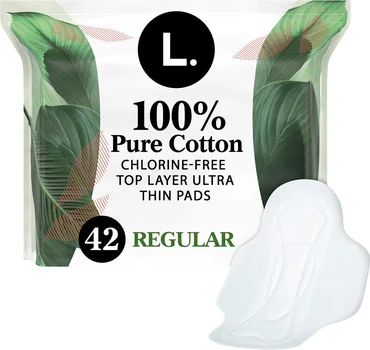 L. Ultra Thin Regular Absorbency Pads with Wings, 100% Pure Cotton Top Layer, 42 ct