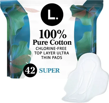 L. Ultra Thin Super Absorbency Pads with Wings, 100% Pure Cotton Top Layer, Unscented, 42 ct